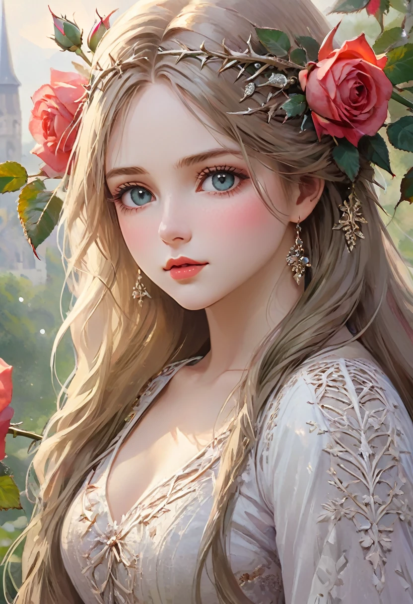 {({(rose themed:1.5)} beautiful girl, long hair, light colored eyes, delicate, calm demeanor, {beautifuly dressed with intricate thorn details}, ({watercolored styled} impressionist masterpiece:1.5), (best quality:1.5), ((UHD:1.5)), (detailed face, detailed eyes, detailed mouth, detailed body, detailed hands, detailed clothes, detailed background, detailed scenery:1.5), (aesthetic + beautiful + harmonic:1.5), ({symmetrical intricate thorns details + sharpen symmetrical thorns details}:1.5)