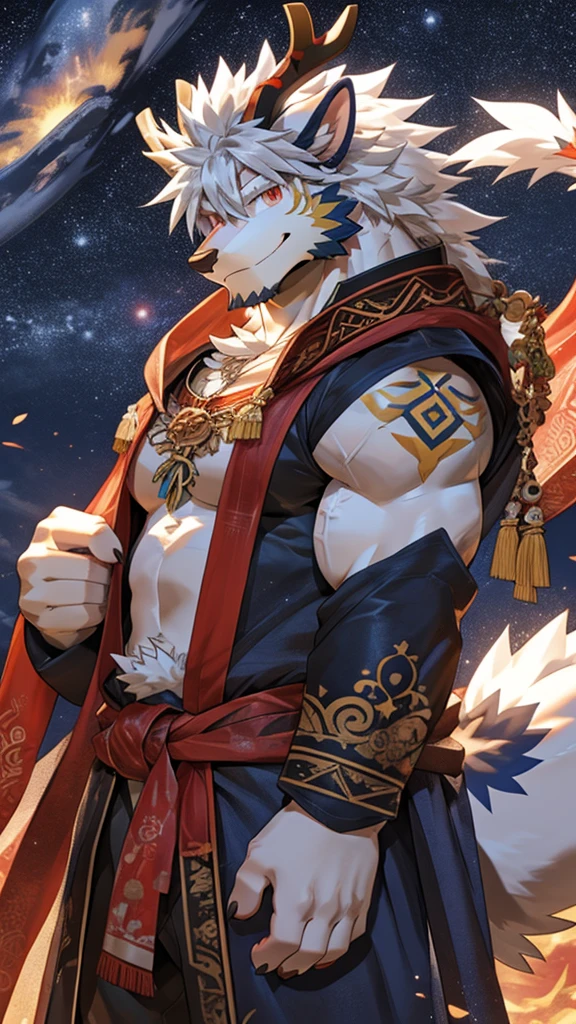 Solo, dragon, white dragon, eastern dragon male, gray hair, white body fur, muscular male, elder male, light red eyes, wearing nothing,gray fur tuft, eastern necklace, star night background, ( by Sollyz, masterpiece, 8k, hd), Looking at viewer, smiling, detailed face, detailed eyes, detailed hair, detailed muscles, detailed clothes, Genshin, nsfw, nude lower body, big penis, jerking cock, cum on full body,