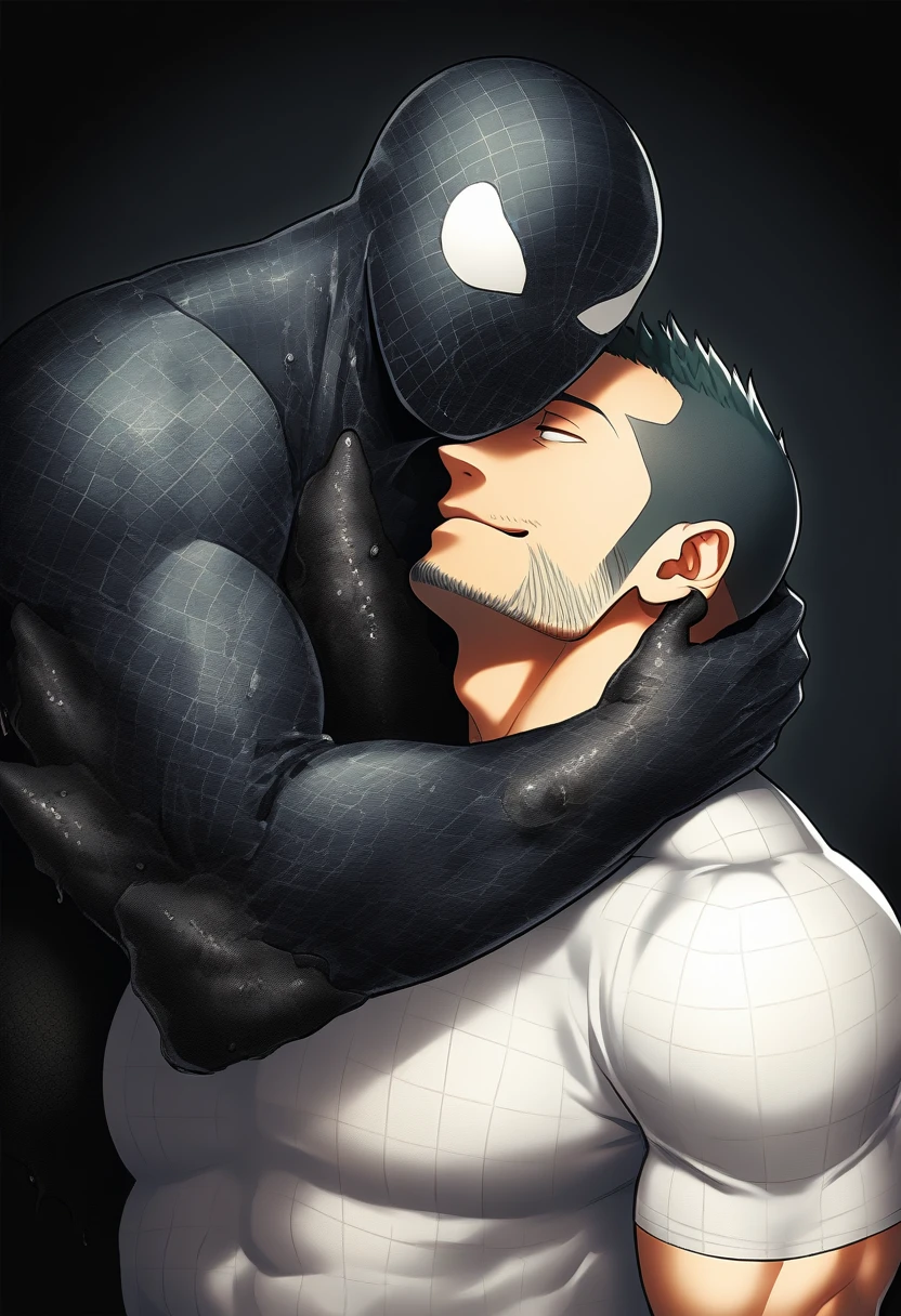 anime characters:priapus, He was kissed by black venom, He is wrapped in black tentacles, bundle, Wrapped in mucus, Affectionate embraces, Crazy kissing, Touching wantonly, Muscular Spider-Man, male focus, Upper body, Buzz Cut, aged leather texture, He wears a White tights, small grid texture, spiderman mask, Spider-Man logo, muscular male, Extra large breasts, only, alone, Black background, simple background, amazing quality, best aesthetics, Ridiculous, crew cut, drop shadow, best quality