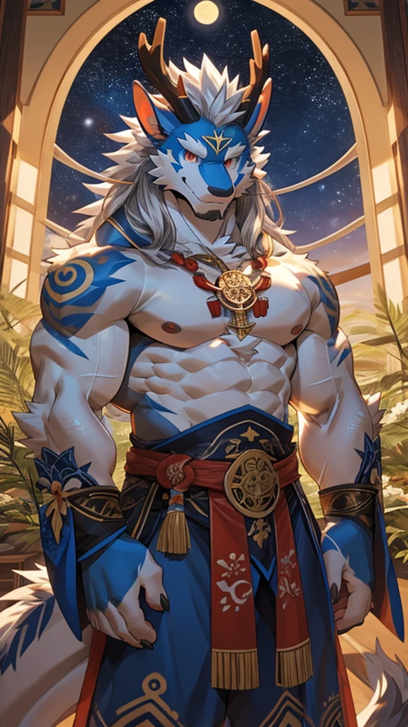 Solo, dragon, white dragon, eastern dragon male, gray hair, white body fur, muscular male, elder male, light red eyes, wearing nothing,gray fur tuft, eastern necklace, star night background, ( by Sollyz, masterpiece, 8k, hd), Looking at viewer, smiling, detailed face, detailed eyes, detailed hair, detailed muscles, detailed clothes, Genshin, nsfw, nude lower body, big penis, jerking cock, cum on full body,