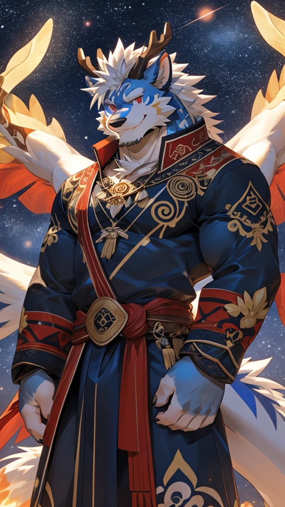 Solo, dragon, white dragon, eastern dragon male, gray hair, white body fur, muscular male, elder male, light red eyes, wearing nothing,gray fur tuft, eastern necklace, star night background, ( by Sollyz, masterpiece, 8k, hd), Looking at viewer, smiling, detailed face, detailed eyes, detailed hair, detailed muscles, detailed clothes, Genshin, nsfw, nude lower body, big penis, jerking cock, cum on full body,