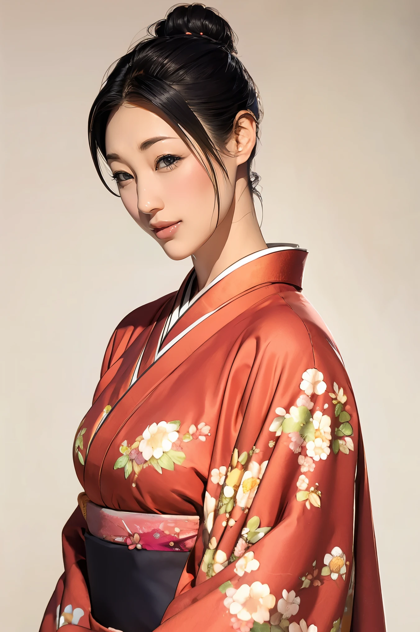 (Highest quality、Tabletop、Best image quality、Award-winning works)、 1 Beautiful Mature Woman、(A beautiful kimono with an elegant floral pattern:1.3)、Perfect female portrait photography、Glowing Skin、Standing Elegantly、(The simplest solid color background:1.2)、Glowing Skin、smile、Large Breasts、Accentuate your body lines、Upper body photo、Hair Bun