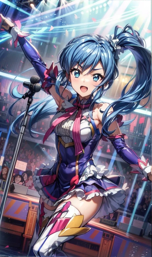 ,aikatsu,1 girls,in senki zesshou symphogear style , Blue long hair,Side Pony tail,Blue and White battle suit,BREAK,ultra-definition, high resolution, ultra-detail CG,caustics, Live stage, in front of super large vision, singing, stand microphone ,