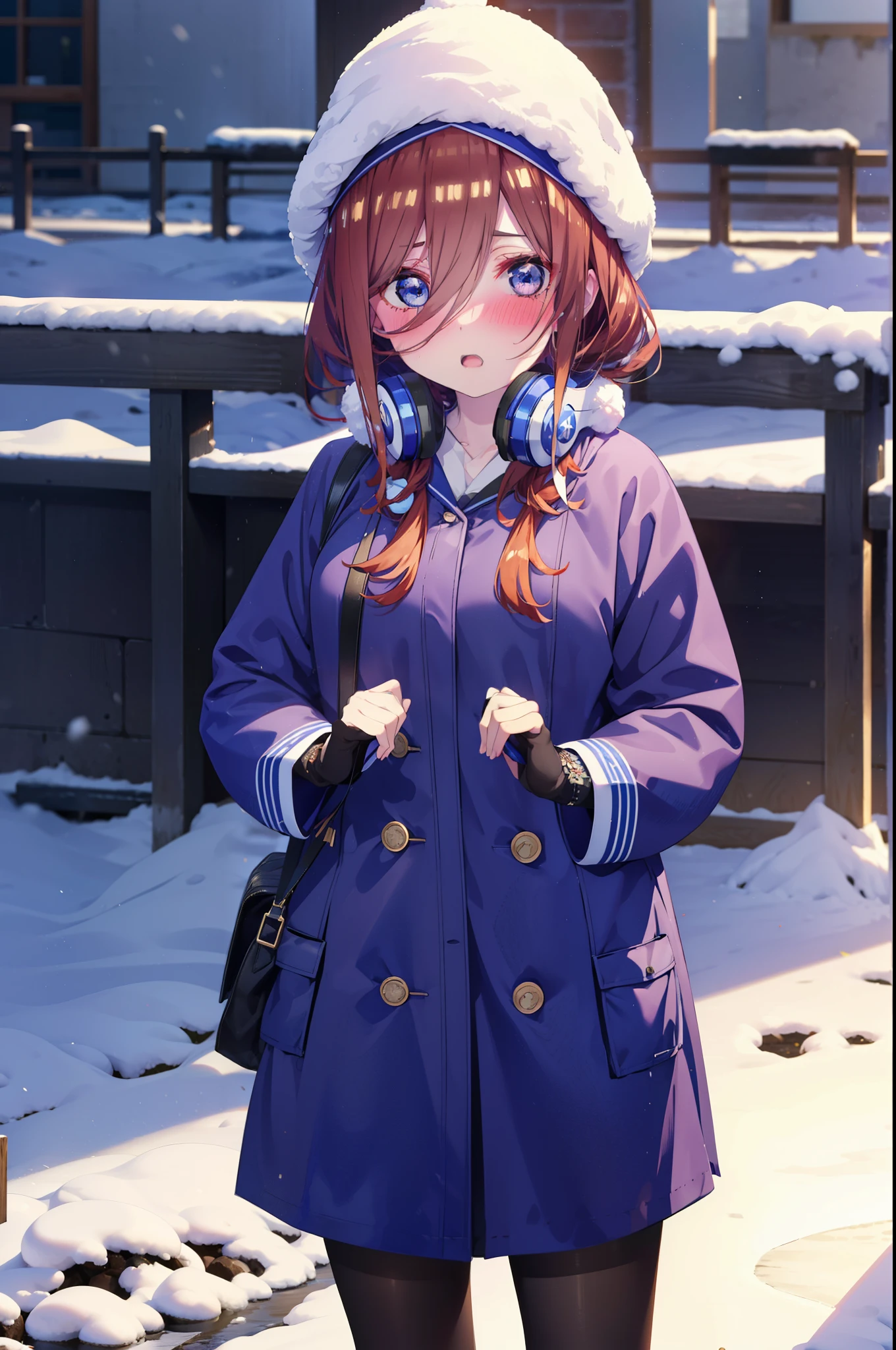 Mikunakano, miku nakano, Long Hair, bangs, blue eyes, Brown Hair, shirt, Hair between the eyes,blush, Open your mouth,White Breath,Scarf,Headphones around neck,Knitted hat,Blue long coat,V-neck sweater,Long skirt,Black pantyhose,short boots,Fluffy gloves,Standing leaning against a wall,Snow is piled up,It&#39;s snowing,whole bodyがイラスト入るように,Hidden in a building with a roof,
break outdoors, 駅
break looking at viewer, whole body,
break (masterpiece:1.2), Highest quality, High resolution, unity 8k wallpaper, (figure:0.8), (Beautiful attention to detail:1.6), Highly detailed face, Perfect lighting, Highly detailed CG, (Perfect hands, Perfect Anatomy),