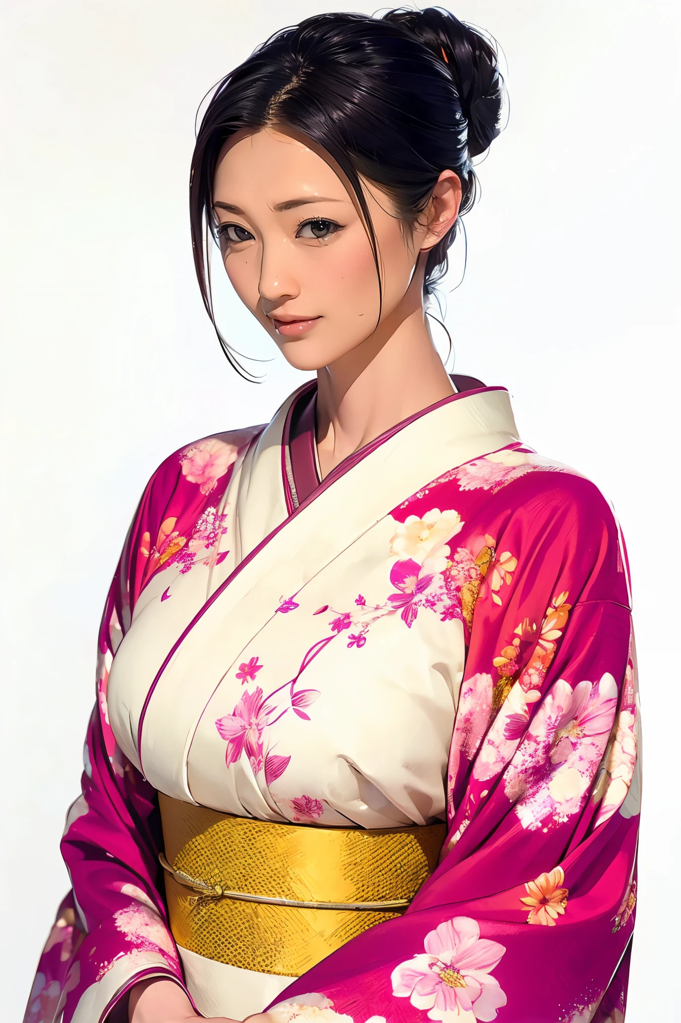 (Highest quality、Tabletop、Best image quality、Award-winning works)、 1 Beautiful Mature Woman、(Beautiful vibrant kimono with elegant floral patterns:1.3)、The perfect kimono、Perfect female portrait photography、Glowing Skin、Standing Elegantly、(The simplest pure white background:1.4)、Glowing Skin、smile、Large Breasts、Accentuate your body lines、Upper body photo、Hair Bun、Perfect beautiful face