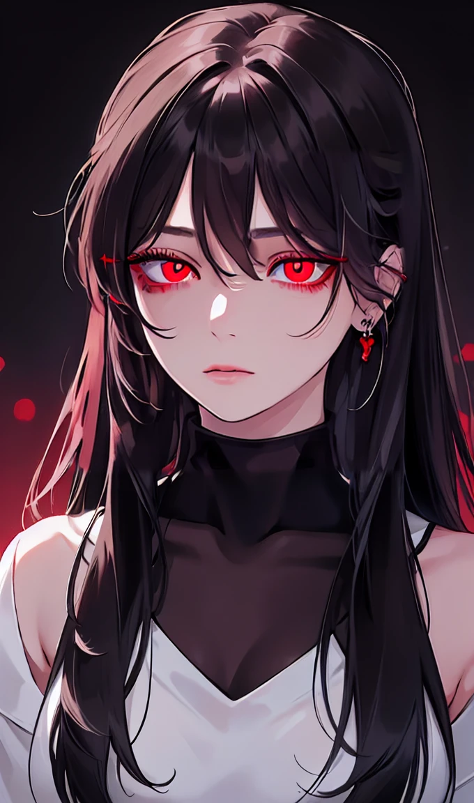 1girl, earrings, solo,lips, female focus, red eyes, looking at viewer, black hair, long hair, closed mouth