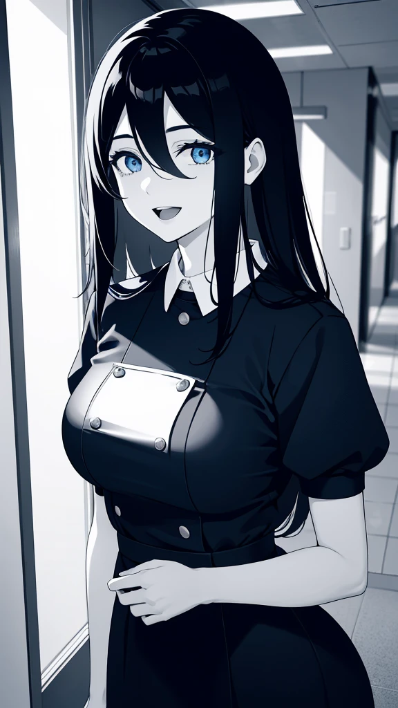 (masterpiece), (best quality), (ultra-detailed), ((girl, 29 years old)), an extremely delicate and beautiful, detailed eyes, minute details, (black hair, long hair, straight hair, hair between eyes), ((big breasts)), smile, open mouth, ((beautiful eyes)), (blue eyes), (upper body), she is wearing a blue dress, (detailed clothes), (detailed background, in a hospital, hospital hallway), (monochrome)