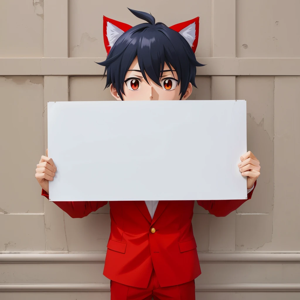 anime boy in red suit holding a large blank sign in front of his face, representation of a cute 2d anime boy, anime character, 2d anime style, 2d anime style, male anime character, red cat ears, character anime style, anime soft cg art, erza scarlet as real person, subject action: holding a large blank sign, subject action: holding a large sign