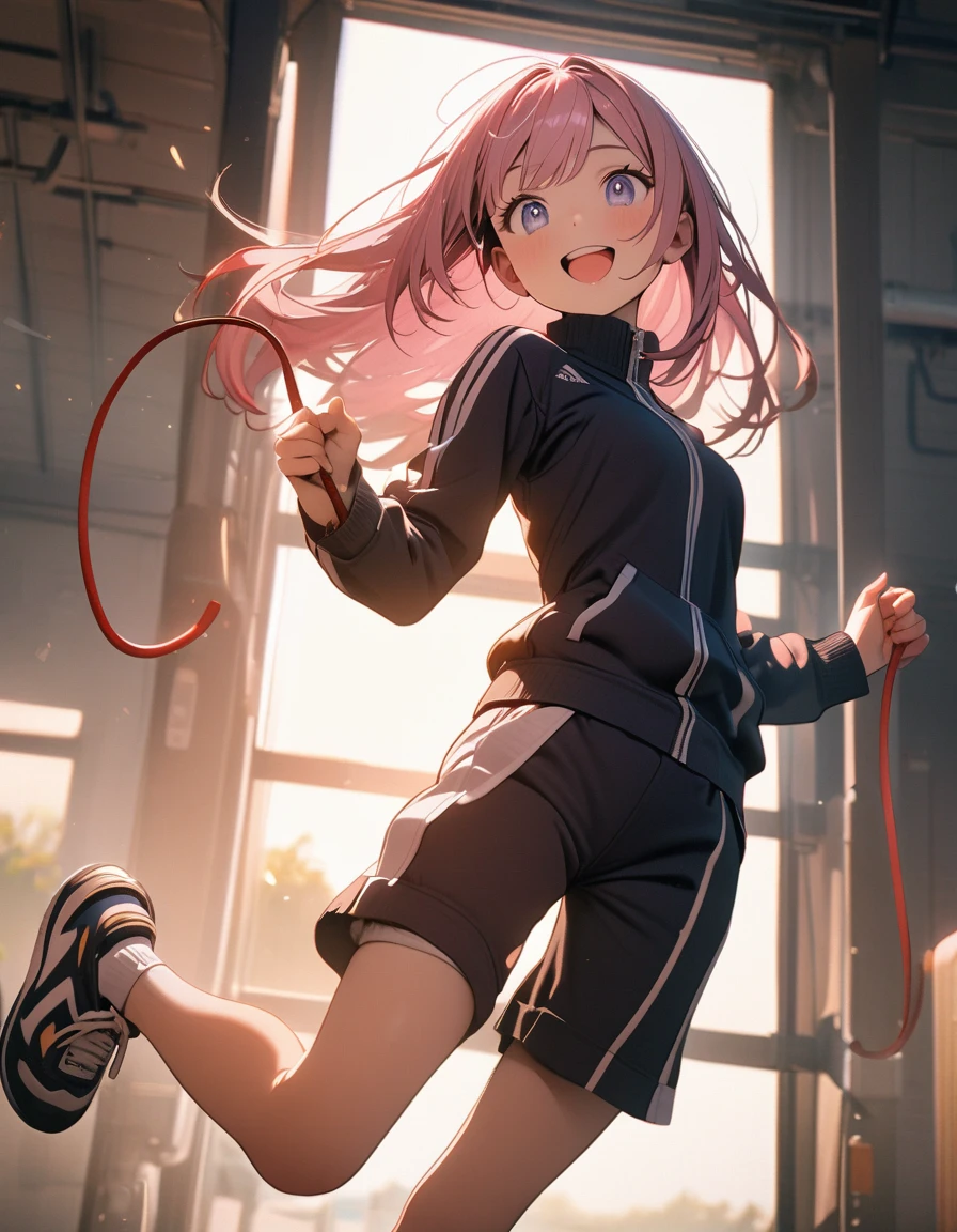 (8K, best quality, master piece: 1.2), super high resolution,1 girl,solo,,ultra-detailed face,detailed eyes,happy,Jumping,(holding a jump rope),gym suit,bloomers,Straight hair,Long hair,Smoky pink hair,rim light,indoors Fitness center