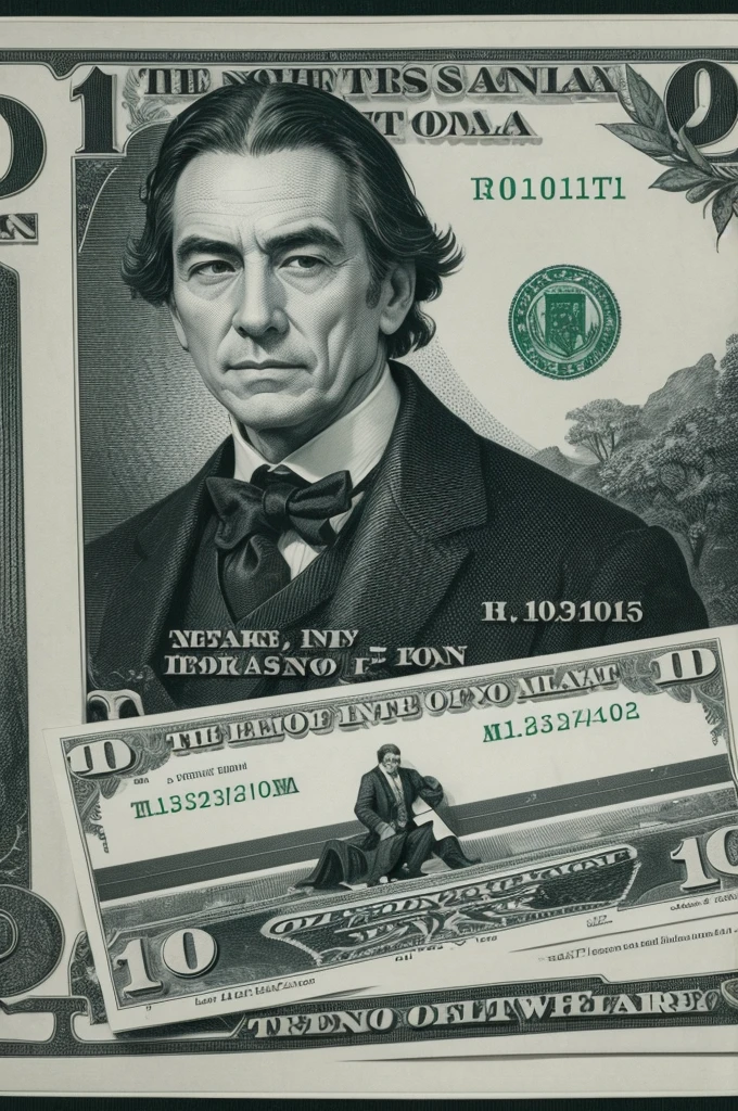 The one dollar bill with the image of a man using a laptop
