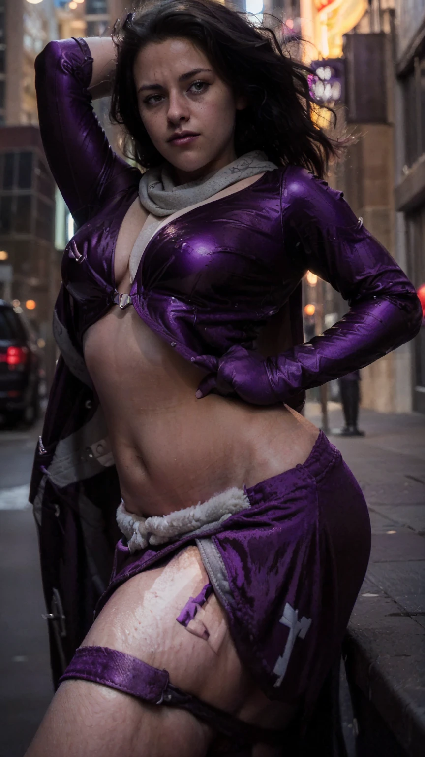 (masterpiece), (photorealistic1.4), (1 girl), (solo), (best quality), (epiCRealLife), (kateb2023 purple costume), (kateb2023 purple sleeveless top), (young woman), (show cleavage), (kr3st2nst2w1rt),( kateb2023 white scarf), (bare shoulder), (night time), (abs_ (kateb2023 skirt), (elbow gloves), (abs), (flash photography), (flashphoto), (cowboy shots), (outdoor), (street of new york), (at night), (look at viewers),