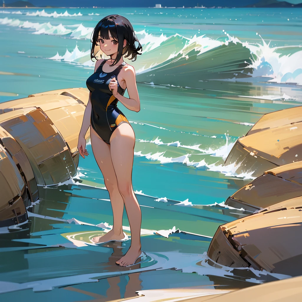 (high quality, High resolution, Very detailed, reality:1.37), Peaceful atmosphere, (Sandy Beach), Teenage girl standing alone, (my breasts are big.), Beautiful details, Cute Smile, (Black bob hair), One piece swimsuit, barefoot.