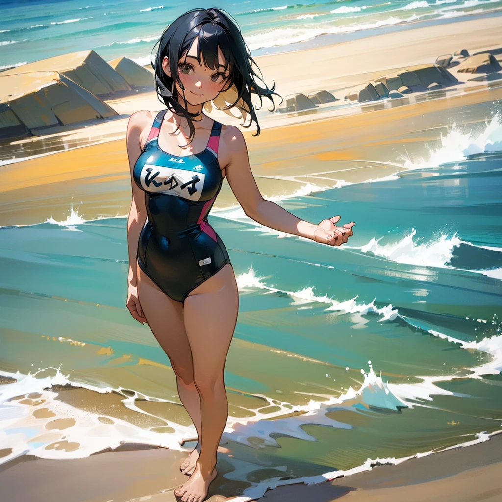 (high quality, High resolution, Very detailed, reality:1.37), Peaceful atmosphere, (Sandy Beach), Teenage girl standing alone, (my breasts are big.), Beautiful details, Cute Smile, (Black bob hair), One piece swimsuit, barefoot.
