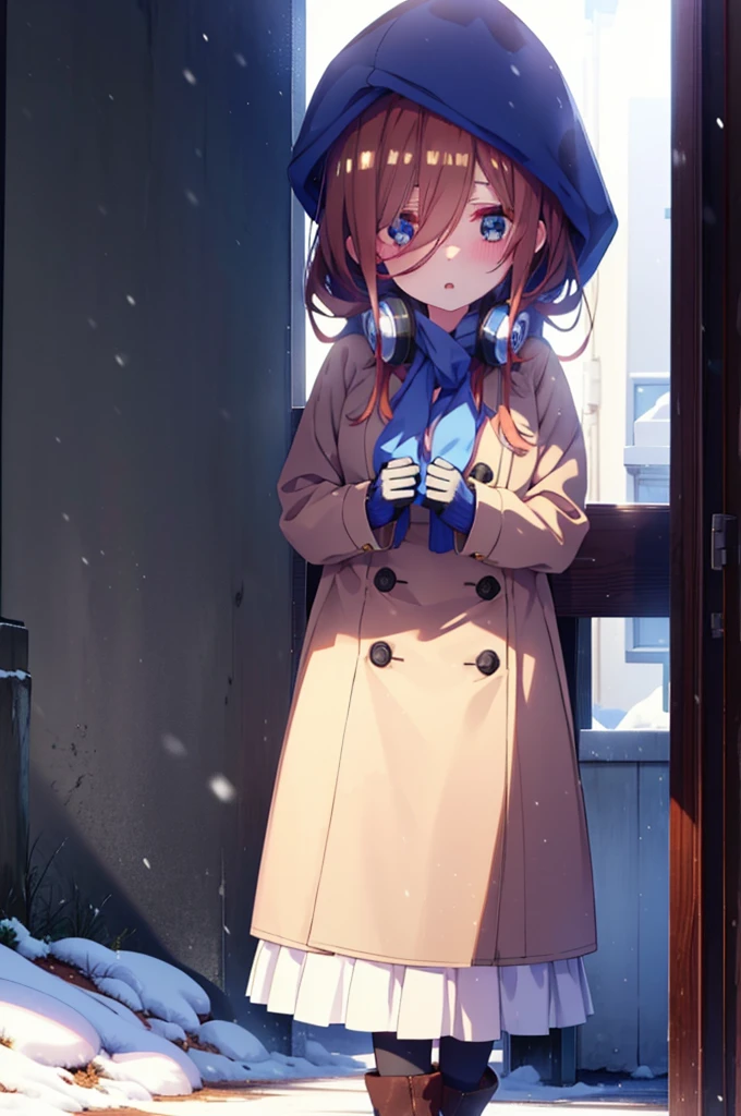 Mikunakano, miku nakano, Long Hair, bangs, blue eyes, Brown Hair, shirt, Hair between the eyes,blush, Open your mouth,White Breath,Scarf,Headphones around neck,Knitted hat,Blue long coat,V-neck sweater,Long skirt,Black pantyhose,short boots,Fluffy gloves,Standing leaning against a wall,Snow is piled up,It's snowing,whole bodyがイラスト入るように,Hidden in a building with a roof,
break outdoors, 駅
break looking at viewer, whole body,
break (masterpiece:1.2), Highest quality, High resolution, unity 8k wallpaper, (figure:0.8), (Beautiful attention to detail:1.6), Highly detailed face, Perfect lighting, Highly detailed CG, (Perfect hands, Perfect Anatomy),
