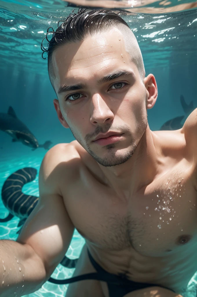 Cinematic photo, elegant adult man, ((shaved hair)), taking a selfie submerged in water, while swimming with his pet jaguar. Realistic photo, professional photography, impactful visuals, high quality, high clarity, ultra-detailed, work of art.