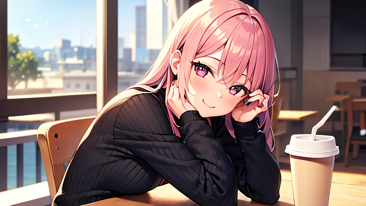 One girl, alone, Pink Hair, cup, View your viewers, Long Hair, Holding, sweater, disposable cup, Hair between the eyes, eyelash, coffee cup, Headrest, bangs, Holding cup, Manicure, Upper Body, ピンクのnail, indoor, smile, white sweater, nail, Black colored eyes, Blurred, Mouth closed, Sitting, studying,