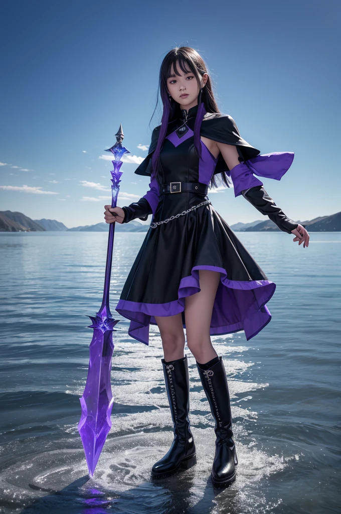 ice mage with a staff, wearing black boots and a dress/or purple and black clothes. In the middle of the lake