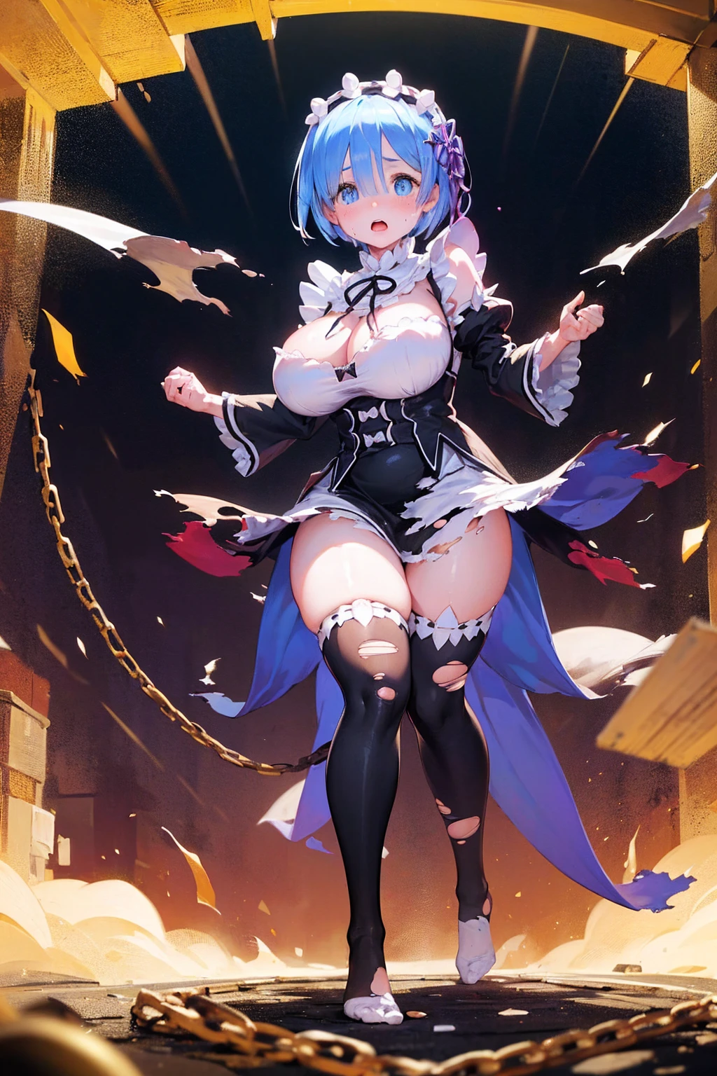 Castle terrace、Looking up from below、Plump、(Show your pants)、(((((Fighting Pose)))))、((((Rem with her hands and feet bound in chains)))),(((((Fisheye Lens)))))、((((((Super huge breasts)))))、(((((Plump thighs))))、(((Rem from Re:Zero)))、((looking at the camera))、High qualityHigh quality、8k、(((((Full body description)))))、Chest、Fantastic、(((((Torn maid uniform)))))、barefoot、((((((Tall Rem))))))、Sweat splashes、Clothes are ripped off,(Torn knee-high socks)、