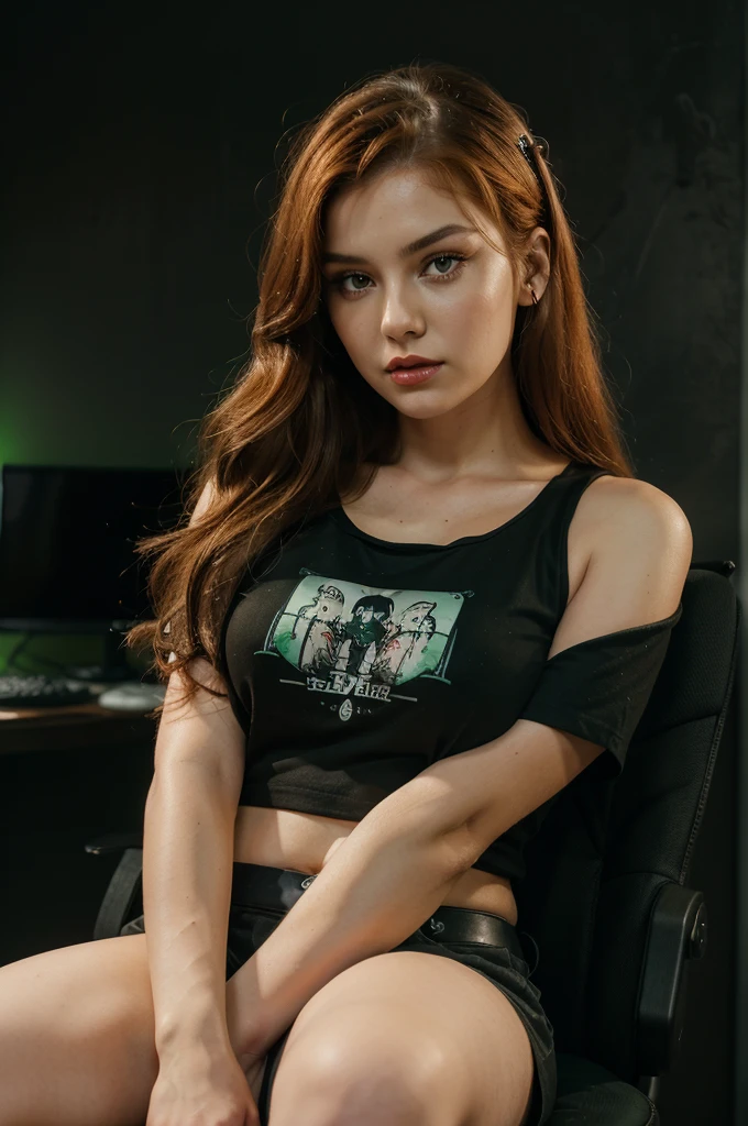 A panoramic photo of a woman sitting on a green gaming chair. She has bright orange, shoulder-length, slightly wavy hair that falls over her shoulders. Her face is delicate and even, with perfectly applied eye makeup and red lips. She looks directly into the camera with a seductive expression. The woman wears a gothic and stylized shirt, the shirt is short and a little of her belly shows. Your left hand supports your face while your right arm rests freely in your lap. The background consists of anime paintings on a black wall with gamer LEDs. The lighting in the image is soft and uniform, highlighting the woman.