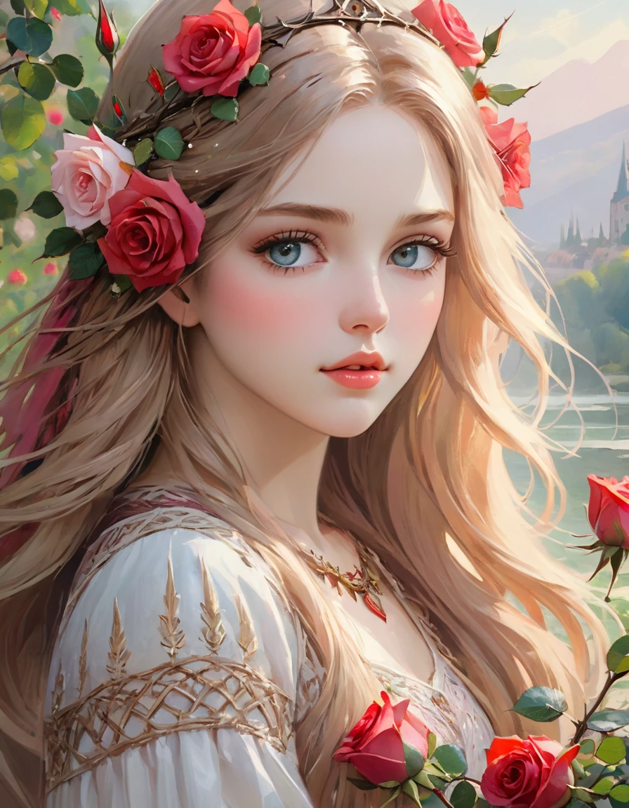 {({(rose themed:1.5)} beautiful girl, long hair, light colored eyes, delicate, calm demeanor, {beautifuly dressed with intricate thorn details}, ({watercolored styled} impressionist masterpiece:1.5), (best quality:1.5), ((UHD:1.5)), (detailed face, detailed eyes, detailed mouth, detailed body, detailed hands, detailed clothes, detailed background, detailed scenery:1.5), (aesthetic + beautiful + harmonic:1.5), ({symmetrical intricate thorns details + sharpen symmetrical thorns details}:1.5)