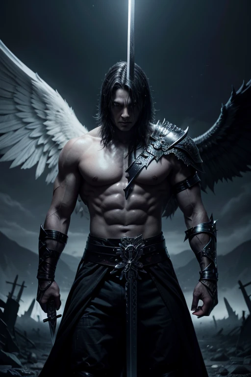 A being of darkness, looking like fallen angels, strong with sword, half man, half monster, with a huge sword in his hand 