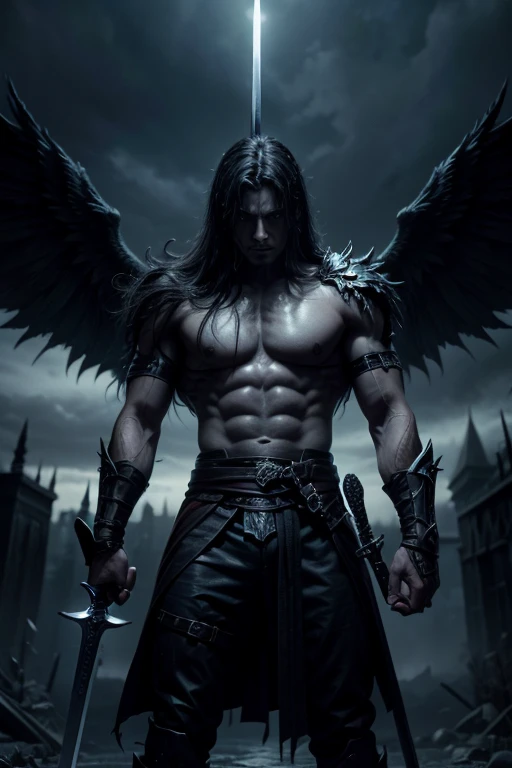 A being of darkness, looking like fallen angels, strong with sword, half man, half monster, with a huge sword in his hand
