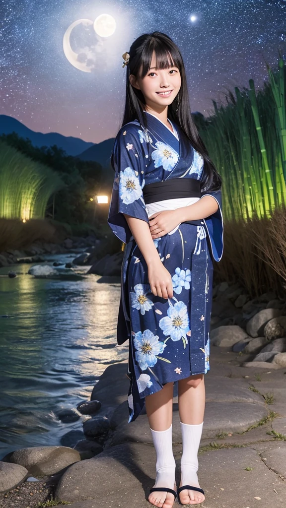 Japanese high school girl smiling young face long black hair straight long black hair blue and white floral yukata tabi socks geta starry night full moon night bamboo tree-lined road tanzaku tanabata standing in front of the riverbed clear stream milky way starry night full moon night
