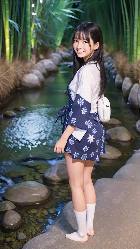 Japanese high school girl smiling young face long black hair straight long black hair blue and white floral yukata tabi socks geta starry night full moon night bamboo tree-lined road tanzaku tanabata standing in front of the riverbed clear stream milky way starry night full moon night
