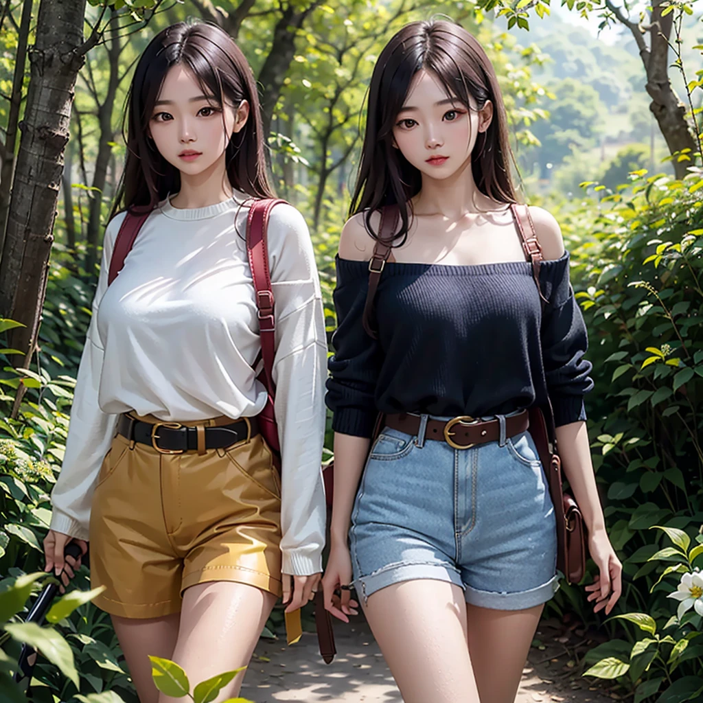 ((best quality)), ((masterpiece)), (detailed), off-shoulder sweater, Transparent body, Visible veins, Highly detailed, Upper body, one girl, young Korean woman with a Korean beautiful face, golden eyes and yellow sandy lush hair, tanned dark bronze skin, huge chest, dressed in an open coat with rolled up sleeves, a transparent unbuttoned shirt, a wide leather belt with gold yarn, leather shorts, a hiking backpack, a two-handed katana in sheathed, walking through the forest, trees with blue foliage and white flowers,