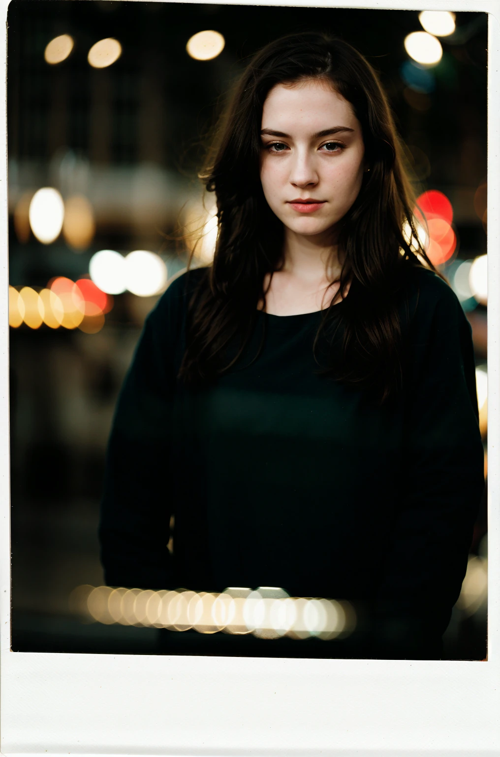 polaroid photo, night photo, 24 year old photo.oh beautiful woman, pale skin, greeneyes, bokeh, motion-blur