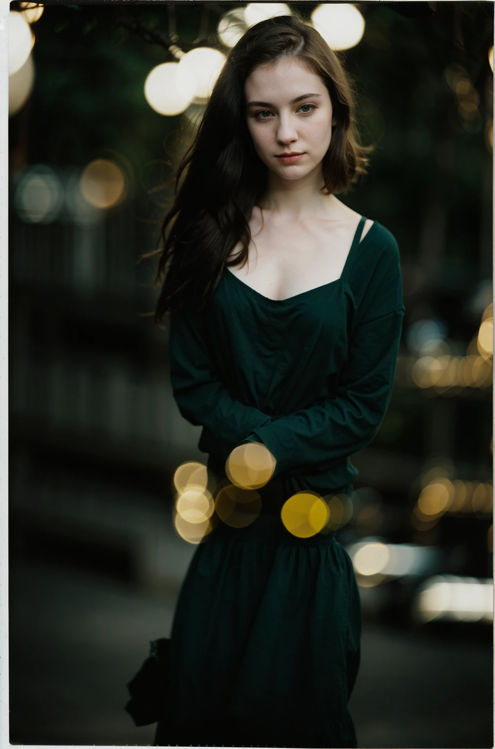 polaroid photo, night photo, 24 year old photo.oh beautiful woman, pale skin, greeneyes, bokeh, motion-blur