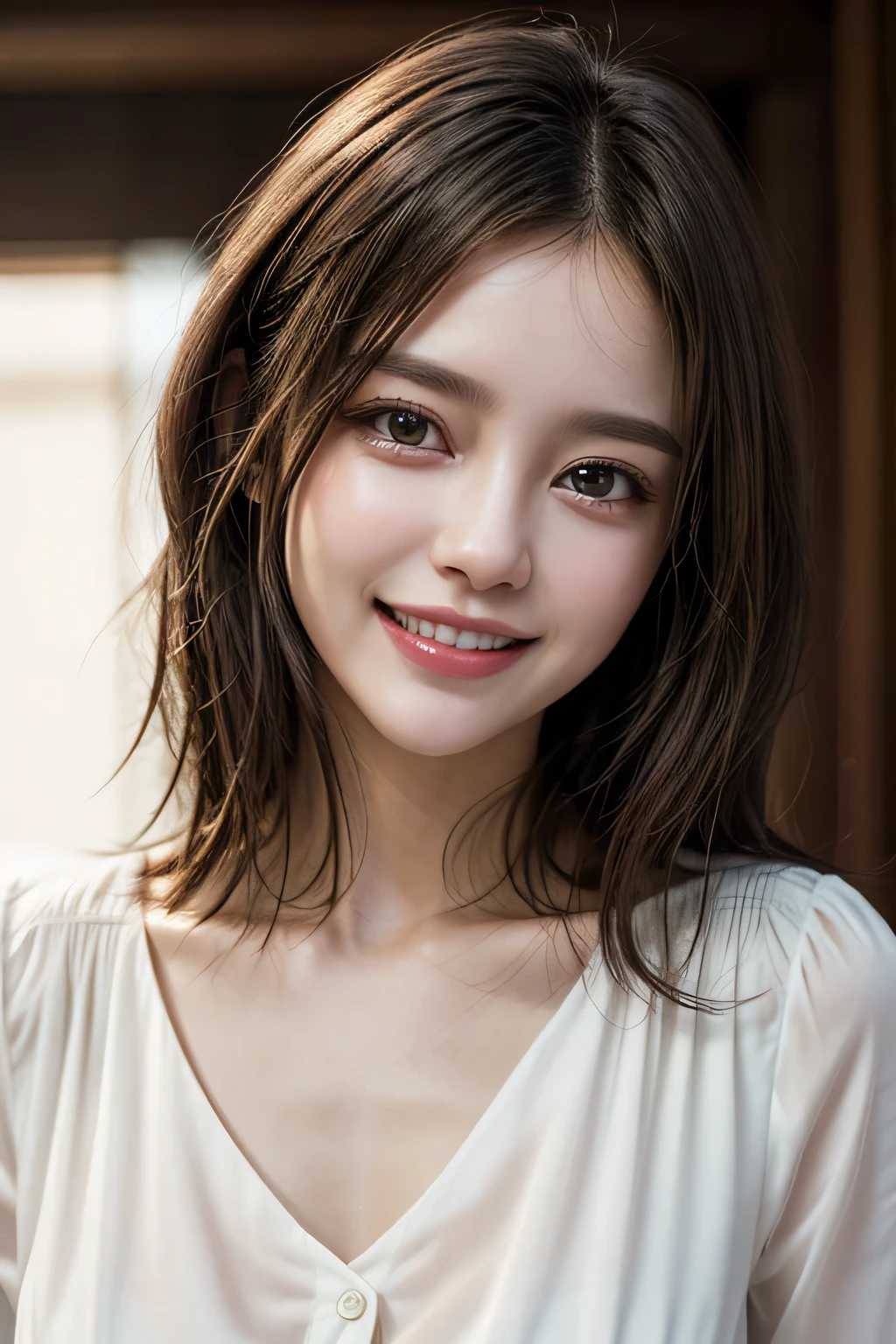 ((masterpiece)), ((Highest quality)), ((Complex)), ((Surreal)), (Realistic), (Mature Woman), ((There are no classes)), Very detailed, (1 female), Beautiful and exquisite, (Beautiful Teeth), Grin, Brunette Bob Hair, Brown eyes, ((blouse)), (Upper Body), (background:none), Perfect Eyes, Captivating eyes, Looking at the audience
