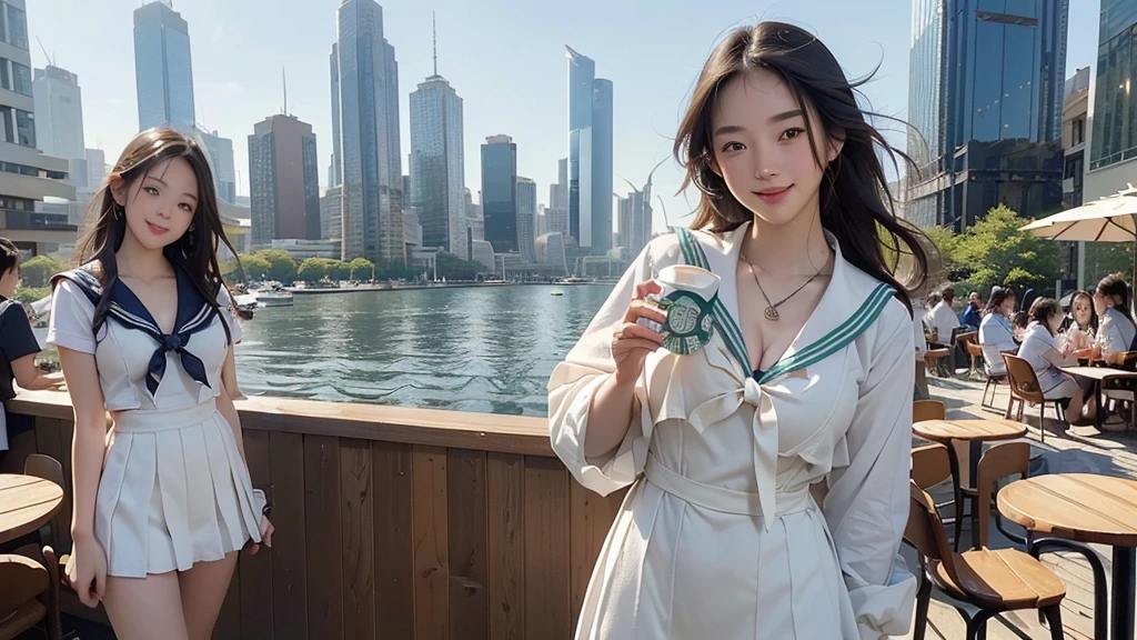 8K、RAW Photos、Highest quality、Super detailed、Super Resolution、Ultra HD、8K壁紙、Amazing details
(((Starbucks outdoor cafe、16 year old high school girl in sailor suit)))、((Eat cake、Drink coffee、smile))、Heart Necklace((Emphasize cleavage))
(Full body photo)
(((Skyscrapers are visible)))