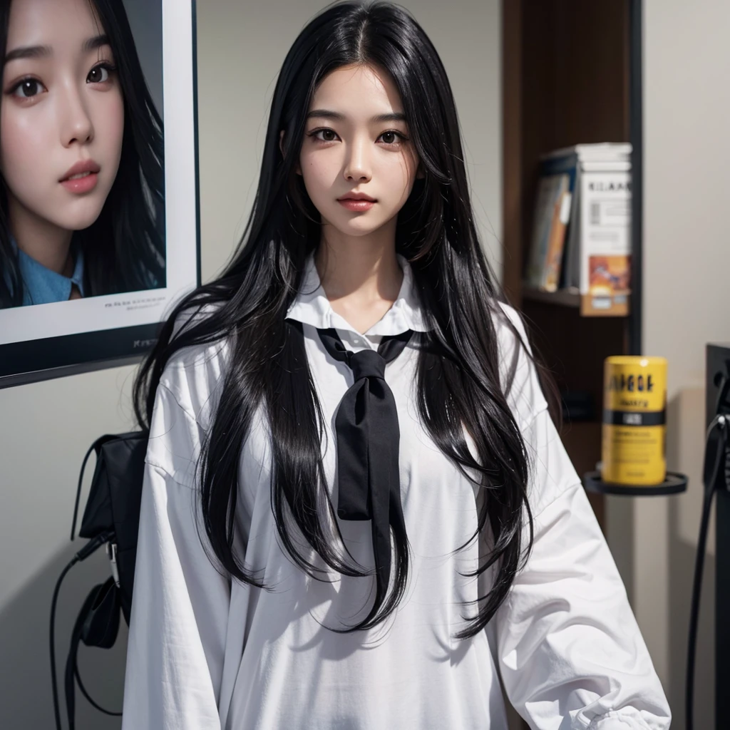 yearbook photo of a  with long wavy black hair, with plain background, bust shot