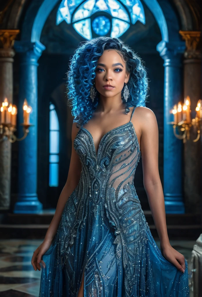 Laughing beautiful biracial woman, extremely detailed full body, in fairy crystal castle, blue straight hair, blue light eyes, blue crystal dress, large breast, 8k, portrait, masterpiece, ultra-detailed, cinematic lighting, dramatic colors, warm tones, dynamic pose, looking at camera, focused expression