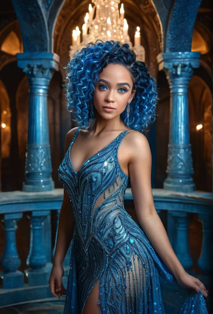 beautiful biracial woman, extremely detailed full body, in fairy crystal castle, blue hair, blue eyes, blue crystal dress, curvy body, 8k, portrait, masterpiece, ultra-detailed, cinematic lighting, dramatic colors, warm tones, dynamic pose, looking at camera, focused expression