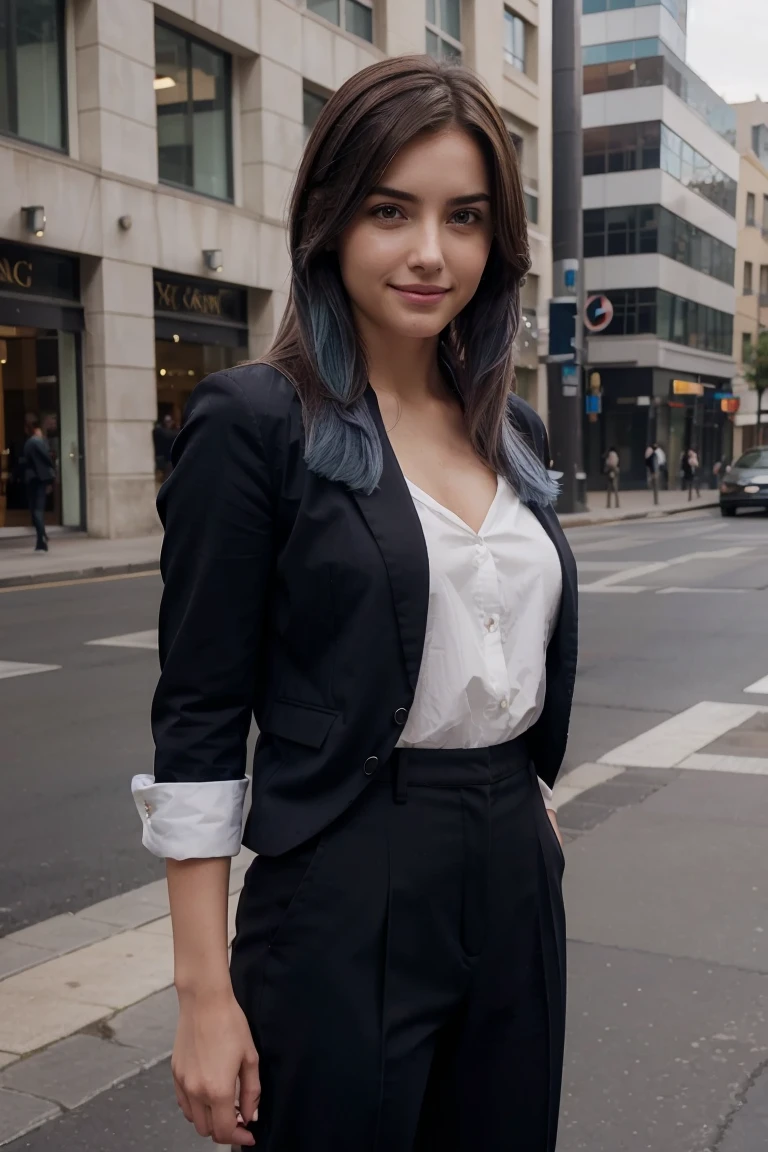 confident expression with a grin, young woman, business style, trousers, hair with dark roots transitioning to blue tips, 18 years, Squint, haircut, ana de armas