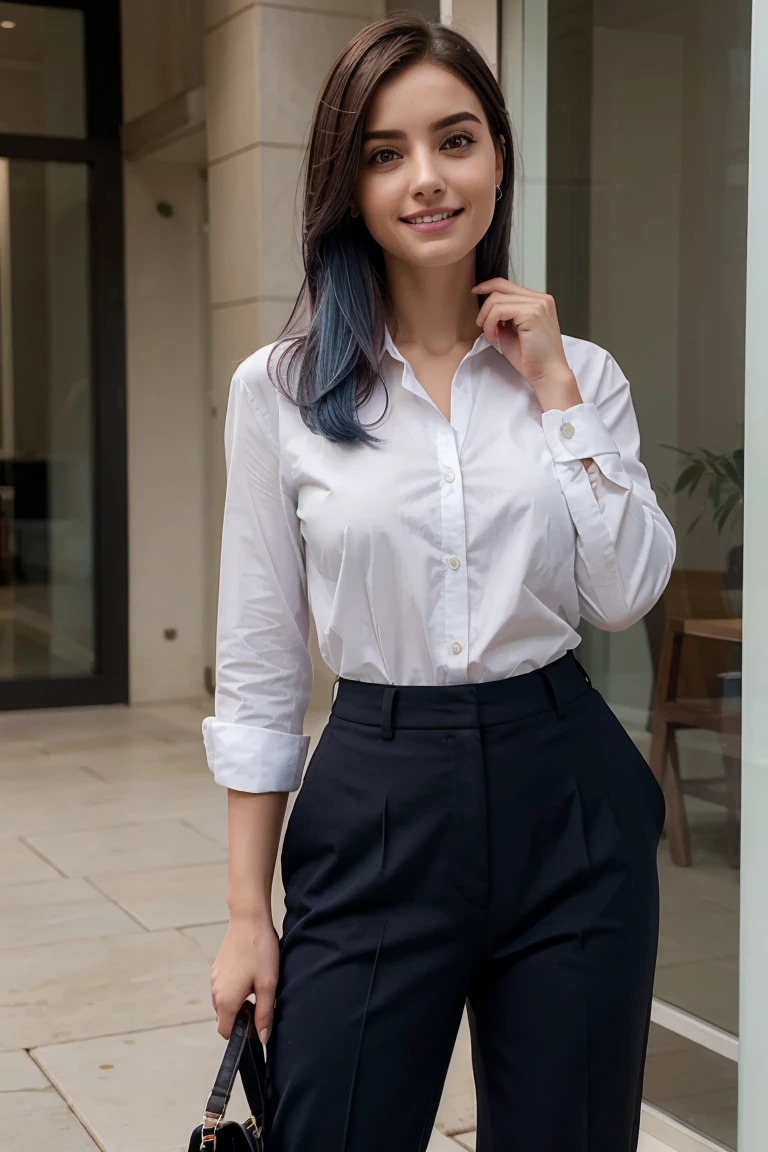  confident expression with a grin, young woman, business style, trousers, hair with dark roots transitioning to blue tips, 18 years, Squint, haircut, ana de armas