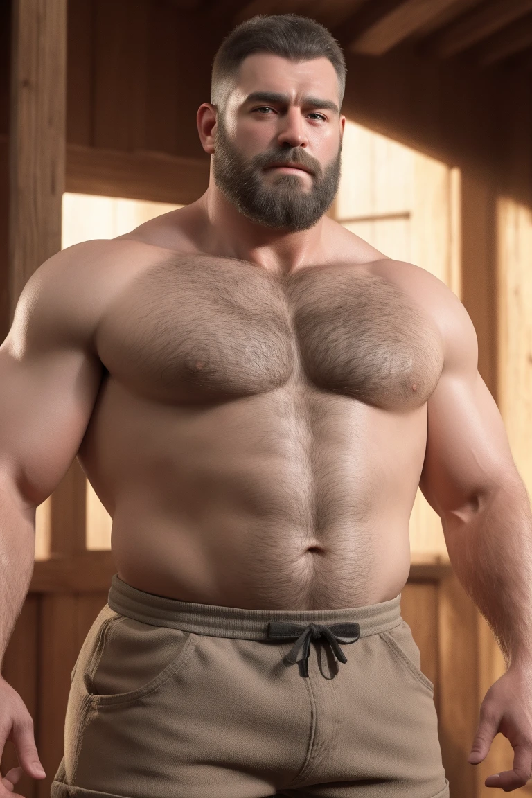8K HIGH RESOLUTION HDR Very Extremely Realistic Very Detailed High Quality Create a professional studio-style 8K HDR Very Real photograph featuring a middle-aged daddy rugged bodybuilder muscle bears man , burly, very realy detailed hairy, 8K very realistic beared big daddy muscle bear, and 8K very realistic detailed rugged burly man in shorts. Very Realistic detailed shorts, very realistic hair, very realistic beards, very realistic thick chubby fat neck, very realistic neck lines, very realistic detailed neck, very realistic belly, very realistic burly chest, very realistic detailed hairy burly strong chest and arms, very realistic detailed hairy burly strong chest and arms, very realistic pecs, very realistic burly muscle bear body, very realistic nipples, very realistic burly muscle bear body, very realistic face, very realistic detailed face, very realistic eyes, very realistic detailed eyes, very realistic pupils, very realistic detailed pupils, very realistic nose, very realistic ears, very realistic facial features, very realistic burly arms, very realistic elbows, very realistic hands, very realistic pecs, very realistic bellybutton, very realistic human man body, very realistic bellybutton, very realistic wrists, very realistic fingers, very realistic fingernails, very realistic shoulders, very realistic mouth, very realistic lips, very realistic detailed skin, very realistic skin, very realistic mens clothing, very realistic detailed mens clothing. 8K HDR Very Realistic Hairy Bearded Burly Muscle bear Photoshoot, A very realistic burly muscle bear man in a Farm, 8K HDR Very Realistic Intricately Detailed, 8K HDR very realistic detailed Farm surroundings, 8K HDR very realistic surroundings lighting, No Deformities, captured with a 85mm lens by a world famous photographer, 8K HDR Very Ultra Realistic and 8K HDR Very Realistic Photograph, 8K HDR Clear HDR Quality full with very realistic real details