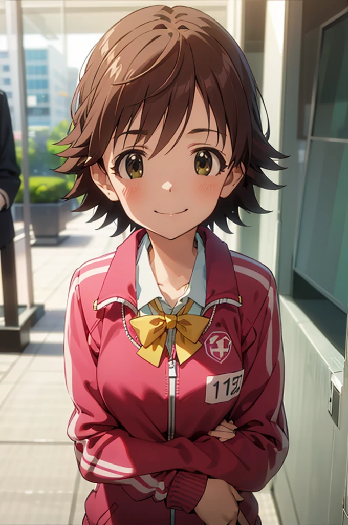 (((pixel-perfect, detail-perfect))), solo, 1girl, mio honda, , bow, track jacket, looking at viewer, smile