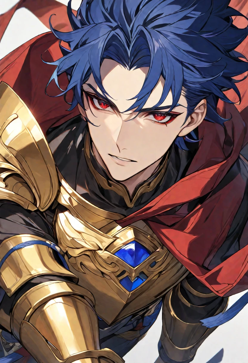 a handsome man with short blue hair and red eyes, wearing a red coat and golden armor, solo