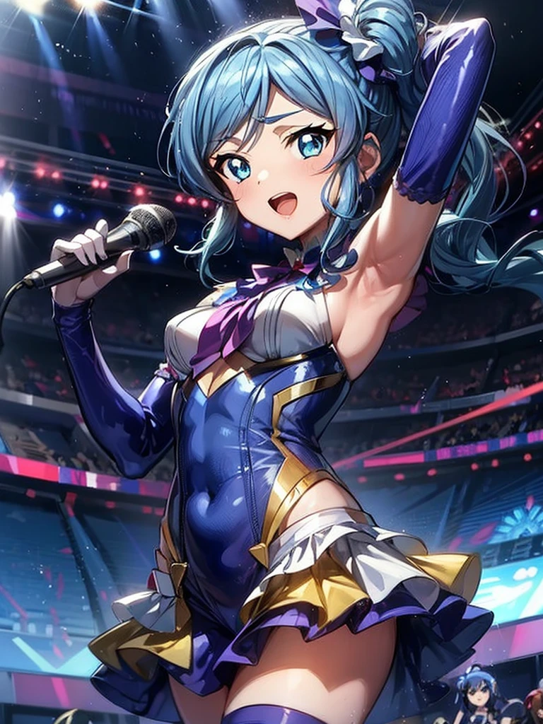 ,aikatsu,1 girls,in senki zesshou symphogear style , Blue long hair,Side Pony tail,Blue and White battle suit,BREAK,ultra-definition, high resolution, ultra-detail CG,caustics, Live stage, in front of super large vision, singing, stand microphone ,