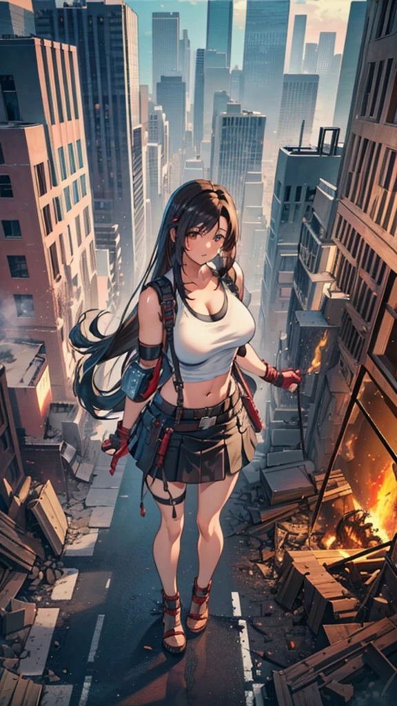 Anime Style masterpiece Unreal Engine Precision Cute Girls giant girl (Tifa Lockhart, bigger than a skyscraper)) ((A view from the sky)) ((Destroyed city in flames)) ((Fire)) ((Destroyed buildings)) ((Destroyed cars)) ((Pile of rubble)) ((tifa lockhart((Final Fantasy 7))))) 90's Giant Girl on the Road in the Big City Uniform Skirt ((Dim cloudy sky)) Female Giant huge girl full body Destroyed skyscrapers, destroyed cars, crowd Unreal Engine,
