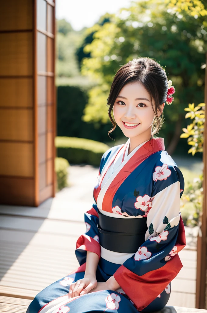 Pure young Japanese kimono girl, outstanding body, wearing traditional kimono, vivid makeup, natural black hair styles, sexual smile, sitting, professional portrait photography, dazzling summer sunlight,