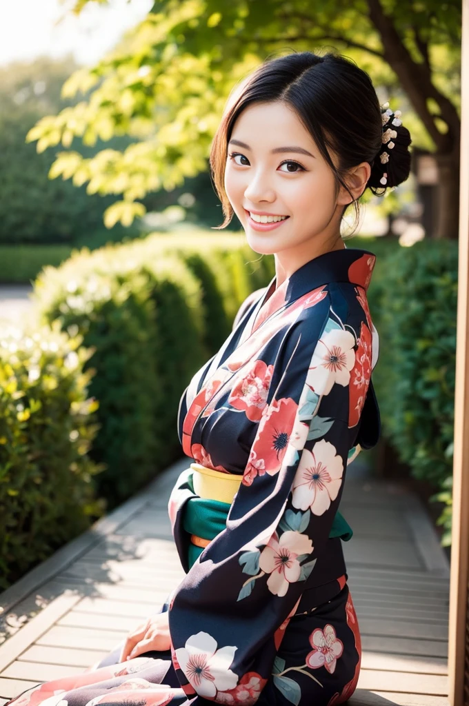 Pure young Japanese kimono girl, outstanding body, wearing traditional kimono, vivid makeup, natural black hair styles, sexual smile, sitting, professional portrait photography, dazzling summer sunlight,