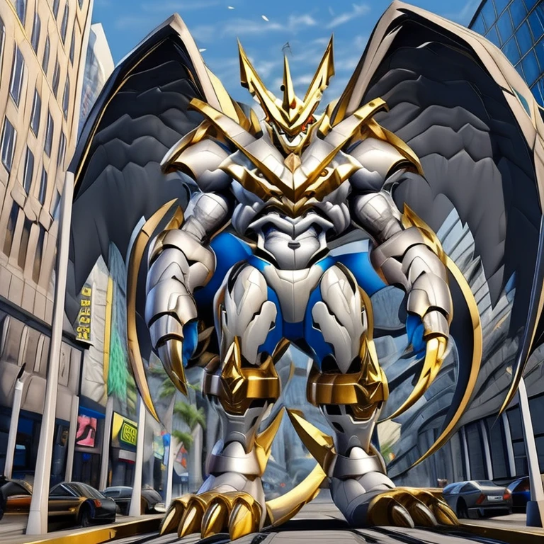 (solo. masterpiece. official art. 8k. best quality. detailed full body. full body.)
 
(situation 1 : dominating Imperialdramon_Paladin_Mode. Imperialdramon_Paladin_Mode is over 1000 meters long. focus GIANT mechanical Muscular Imperialdramon_Paladin_Mode is trampling the city. Looking down. macro. stomp. Low-angle perspective. emphasizing the immense size.)

(situation 2 :smoke and flames rising from the destruction in the city)

(Additional details 1: wearing a full-face helmet. armor. sword. holding a sword.).

(Additional details 2: (Detailed head. Detailed Body. Detailed abs. gigantic muscles. HYPER MUSCLES. Gigachad Muscular. big muscle. pecs. triceps. traps. unusually developed muscular body. body full of huge muscles. showing off muscles. pectorales enormes. Exaggeratedly huge muscles. huge muscles. long legs. 5 toes.).

(Additional details 3: Spread wings. It has wings. have big wings. The claws are sharp. Sharp teeth.).