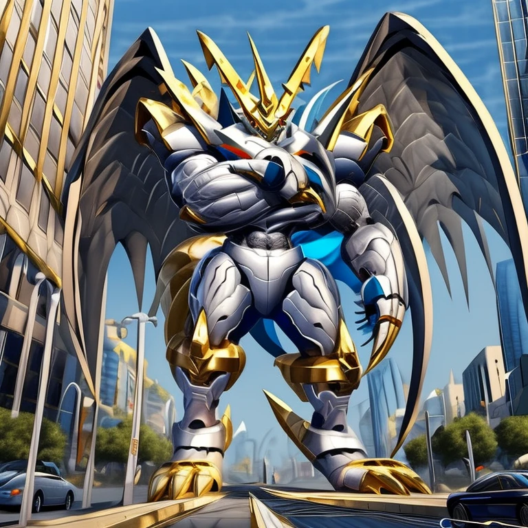 (solo. masterpiece. official art. 8k. best quality. detailed full body. full body.)
 
(situation 1 : dominating Imperialdramon_Paladin_Mode. Imperialdramon_Paladin_Mode is over 1000 meters long. focus GIANT mechanical Muscular Imperialdramon_Paladin_Mode is trampling the city. Looking down. macro. stomp. Low-angle perspective. emphasizing the immense size.)

(situation 2 :smoke and flames rising from the destruction in the city)

(Additional details 1: wearing a full-face helmet. armor. sword. holding a sword.).

(Additional details 2: (Detailed head. Detailed Body. Detailed abs. gigantic muscles. HYPER MUSCLES. Gigachad Muscular. big muscle. pecs. triceps. traps. unusually developed muscular body. body full of huge muscles. showing off muscles. pectorales enormes. Exaggeratedly huge muscles. huge muscles. long legs. 5 toes.).

(Additional details 3: Spread wings. It has wings. have big wings. The claws are sharp. Sharp teeth.).