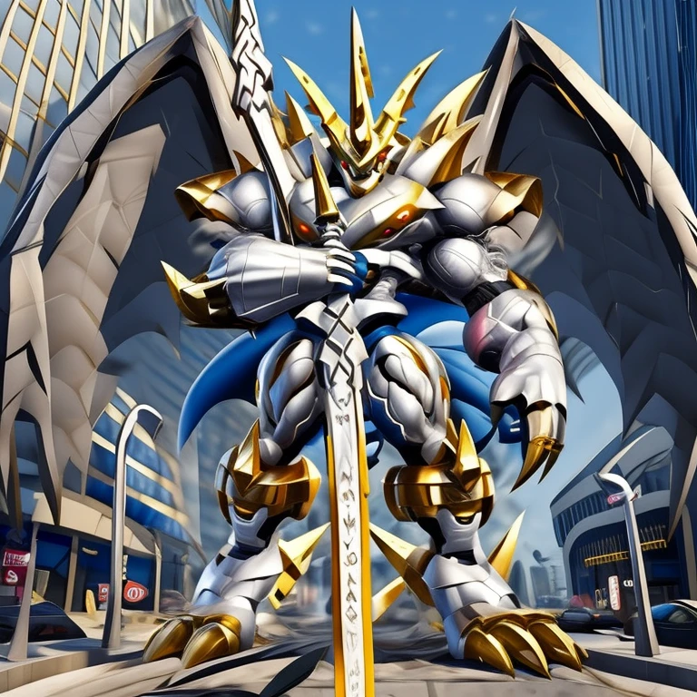 (solo. masterpiece. official art. 8k. best quality. detailed full body. full body.)
 
(situation 1 : dominating Imperialdramon_Paladin_Mode. Imperialdramon_Paladin_Mode is over 1000 meters long. focus GIANT mechanical Muscular Imperialdramon_Paladin_Mode is trampling the city. Looking down. macro. stomp. Low-angle perspective. emphasizing the immense size.)

(situation 2 :smoke and flames rising from the destruction in the city)

(Additional details 1: wearing a full-face helmet. armor. sword. holding a sword.).

(Additional details 2: (Detailed head. Detailed Body. Detailed abs. gigantic muscles. HYPER MUSCLES. Gigachad Muscular. big muscle. pecs. triceps. traps. unusually developed muscular body. body full of huge muscles. showing off muscles. pectorales enormes. Exaggeratedly huge muscles. huge muscles. long legs. 5 toes.).

(Additional details 3: Spread wings. It has wings. have big wings. The claws are sharp. Sharp teeth.).