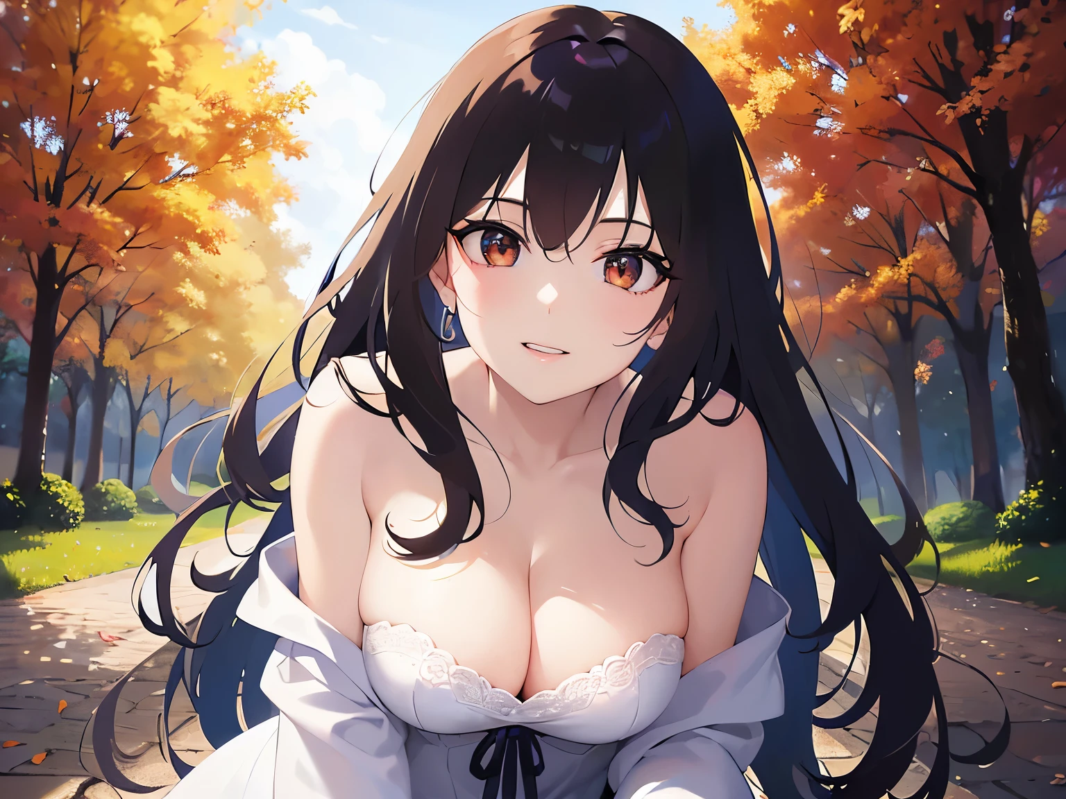 Shooting from below,all fours,Cleavage,masterpiece,Highest quality,BREAK(white)and(off shoulder blouse)BREAK,Realistic,real person,(pale skin: 1.2),RAW photo,photorealistic(Pale skin:1.2),shiny skin,shiny hair,(A 28-year-old woman with medium-length hair and bangs)and(wavy hair)and(brown hair)and(Orange Eyes),smile,The background is a green park,alone,