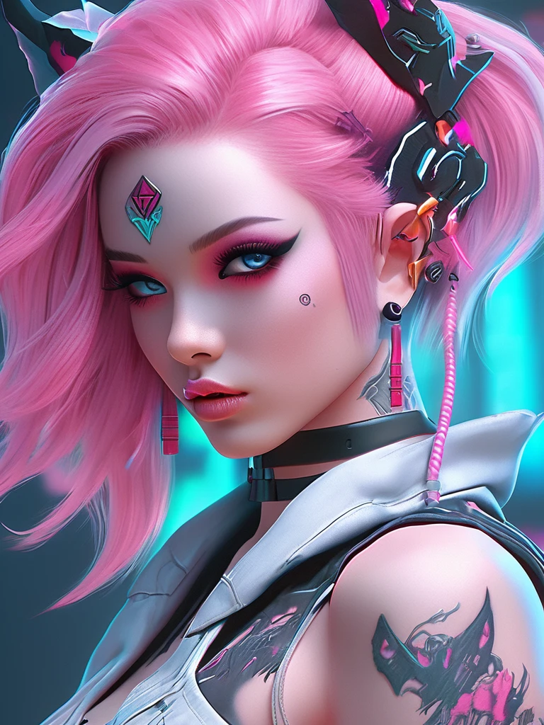 a close up of a woman with pink hair and tattoos, cyberpunk art inspired by rossdraws, trending on cg society, gothic art, demon girl, portrait of demon girl, beautiful succubus, demon anime girl, beautiful pink little alien girl, horrific digital art, pastel goth, gothic art style, gothic fantasy art, monster high makeup, trending on deviant art, full body 